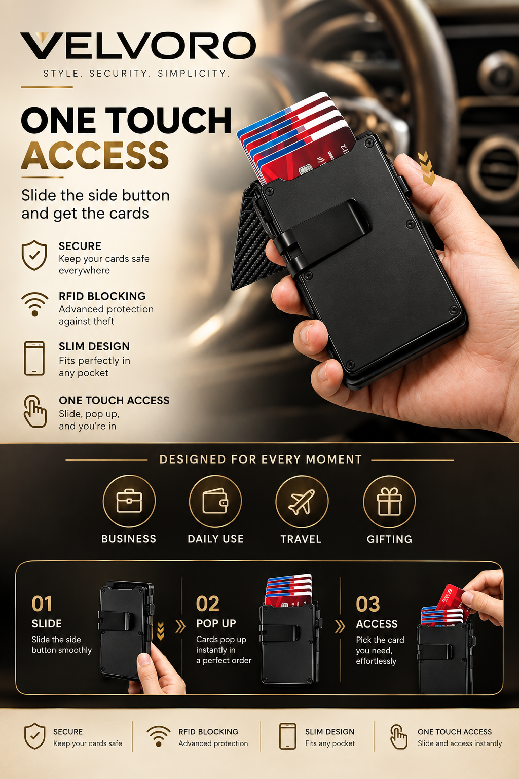 VELVORO AUREX™ — Premium RFID Metal Card Wallet