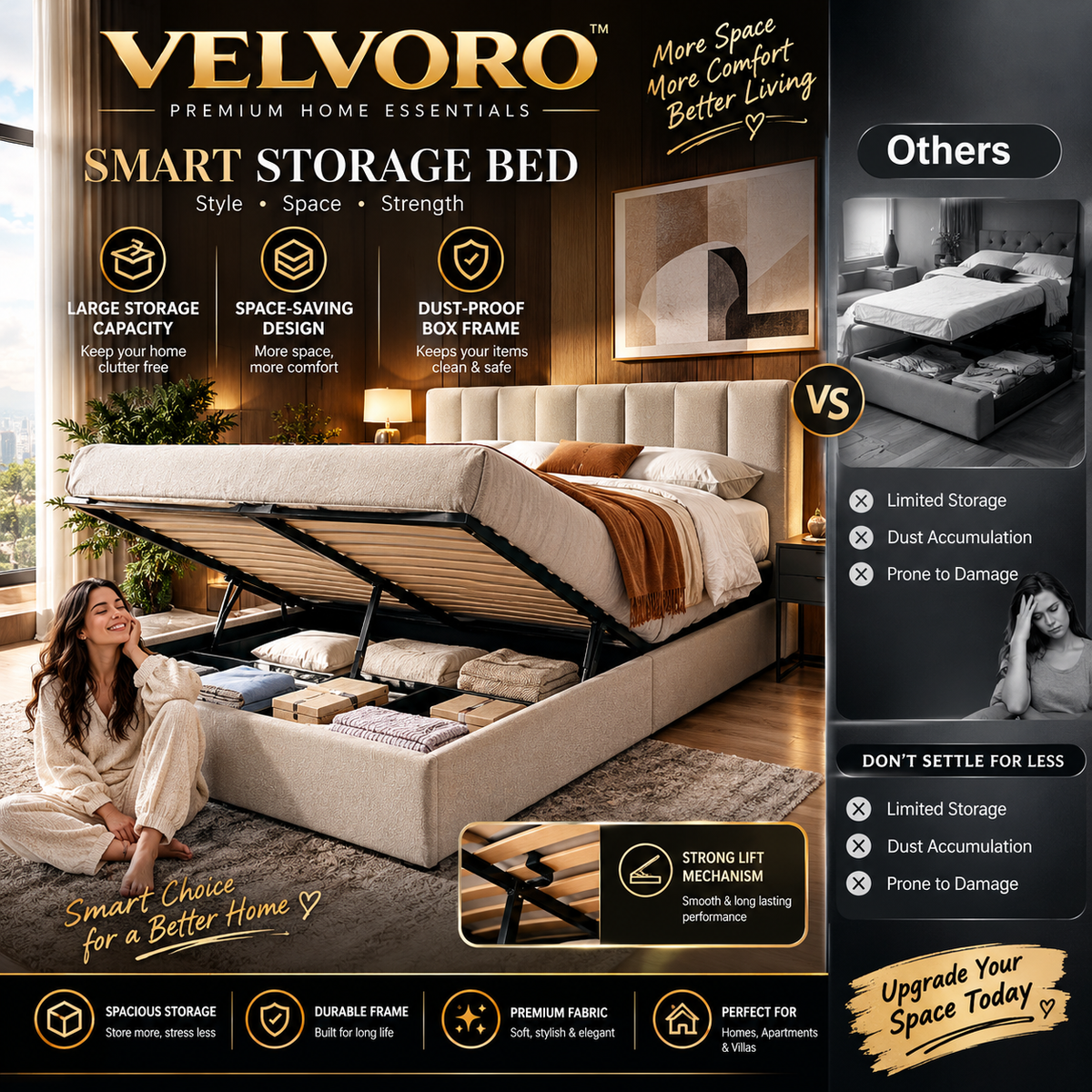 VELVORO LuxeLift™ — Premium Hydraulic Storage Bed