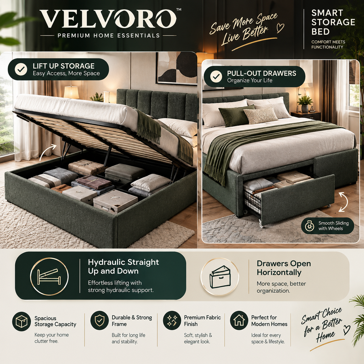 VELVORO LuxeLift™ — Premium Hydraulic Storage Bed