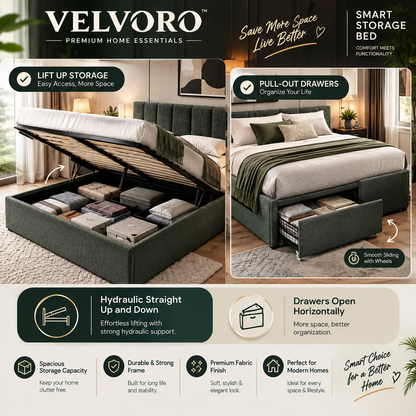 VELVORO LuxeLift™ — Premium Hydraulic Storage Bed